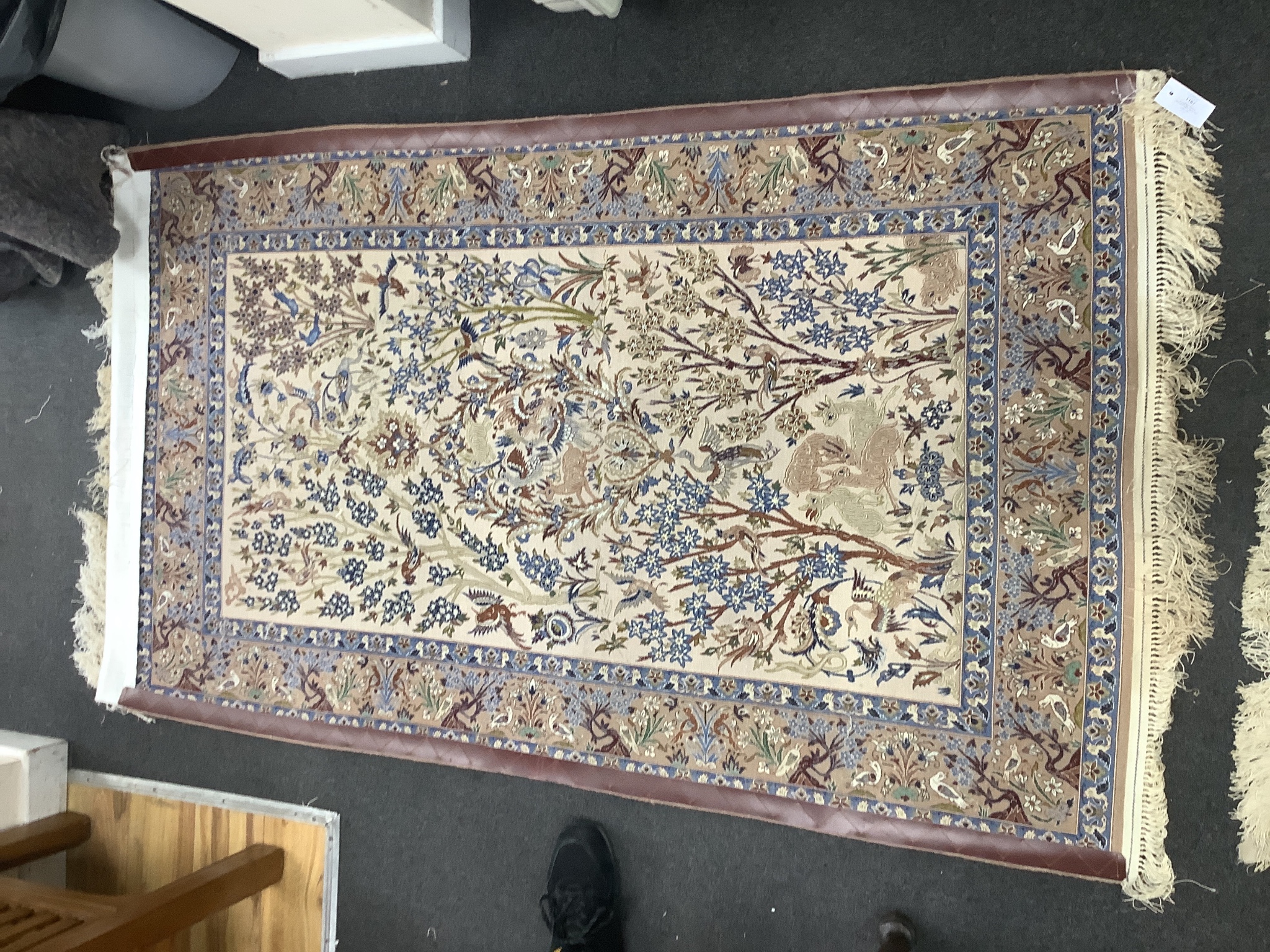 A Tabriz peach ground part silk pictorial rug, 180 x 111cm